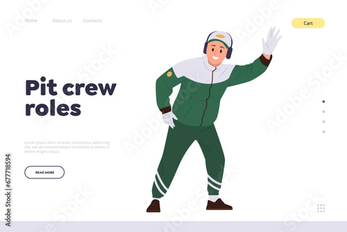 Pit crew roles landing page template with maintenance technician worker waving hand stopping bolide