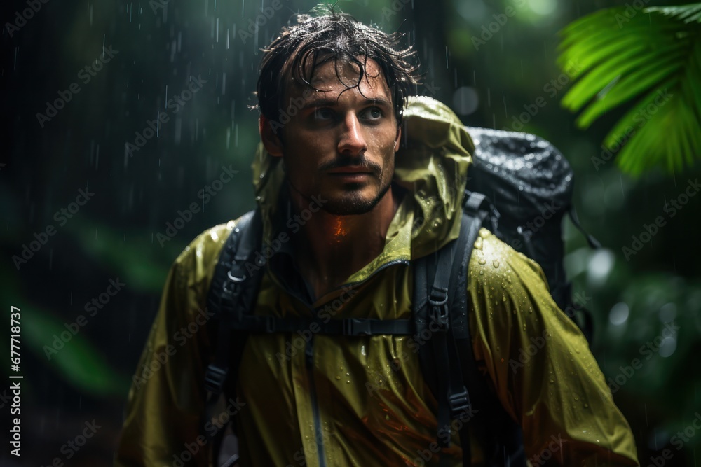 Man with backpack and looking away while exploring forest and enduring torrential monsoon downpour