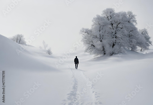 A snowy landscape with a man walking in the middle of the snow.AI generated