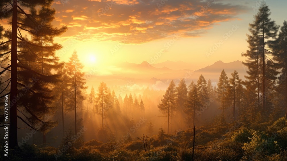  the sun shines through the clouds over a forest with tall pine trees in the foreground and a mountain range in the distance with fog in the foreground.  generative ai
