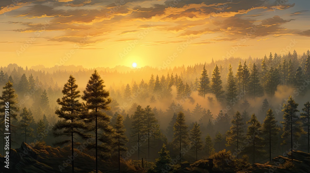  a painting of the sun setting over a foggy forest with pine trees in the foreground and the sun in the distance with clouds in the sky above the trees.  generative ai