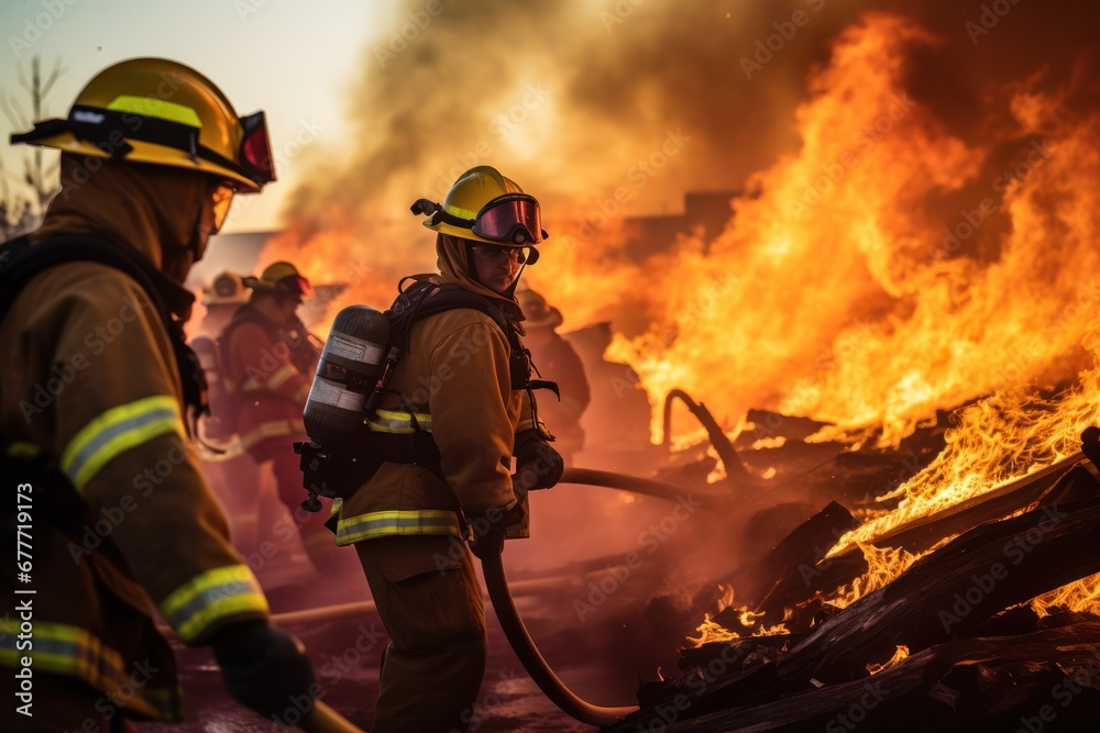 Unrecognizable firemen standing and stopping burning flames with hose during forest fires Unrecognizable firemen standing and stopping burning flames with hose during forest fires