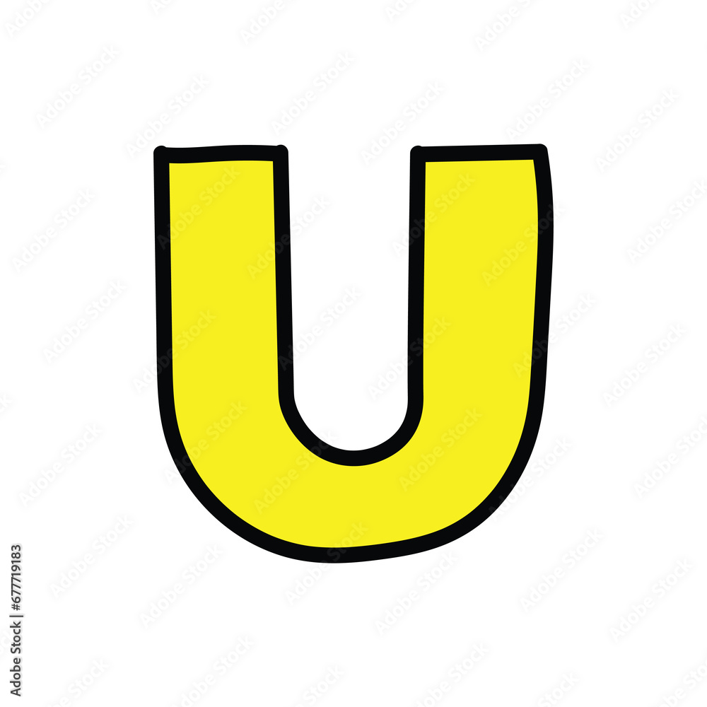 Hand-drawn cartoon doodle yellow letter U on a white background. Hand-drawn cartoon doodle yellow letter U on a white background.