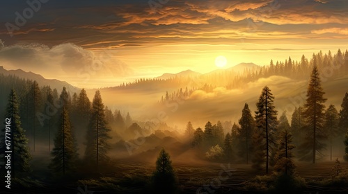  a painting of the sun setting over a mountain range with trees in the foreground and fog in the sky  with a sun setting over the mountains in the distance.  generative ai