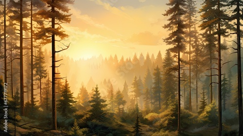  a painting of a forest at sunset with the sun shining through the trees and the sun shining down on the tops of the trees and the tops of the tops of the trees. generative ai
