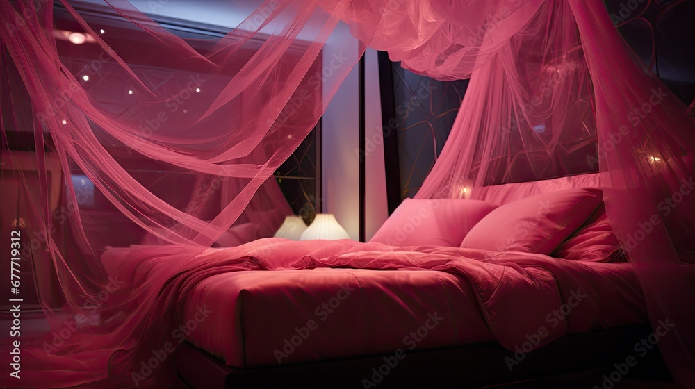  a bed covered in a pink blanket next to a window with a pink curtain over it and a lamp on the side of the bed in front of the room.  generative ai