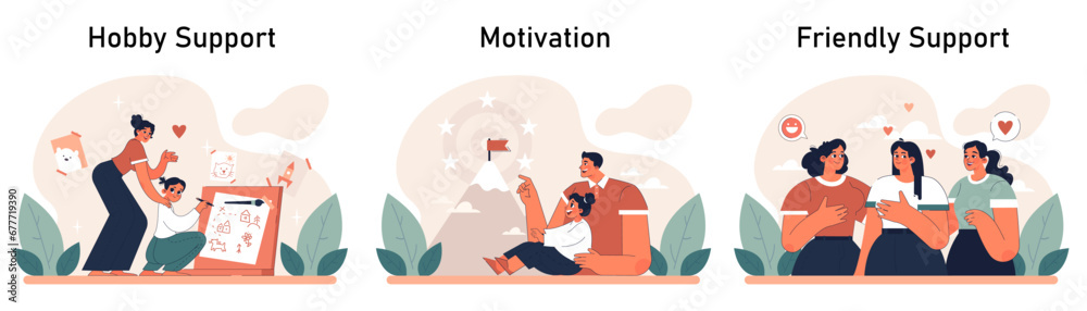 Positive relationships set. Loving family connection and friends support. Harmonious mutual communication. Warm relations between people. Flat vector illustration Positive relationships set. Loving family connection and friends support. Harmonious mutual communication. Warm relations between people. Flat vector illustration