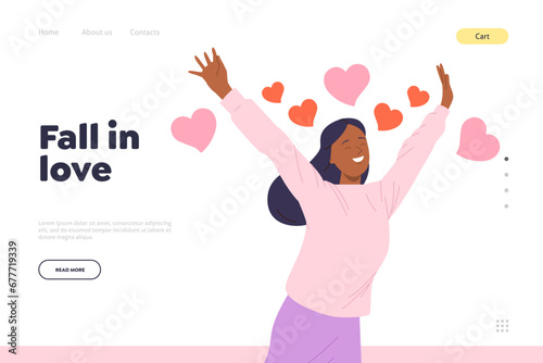 Fall in love landing page template for dating online service or application with happy woman