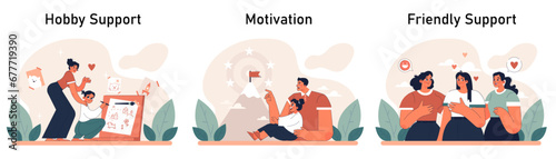 Positive relationships set. Loving family connection and friends support. Harmonious mutual communication. Warm relations between people. Flat vector illustration