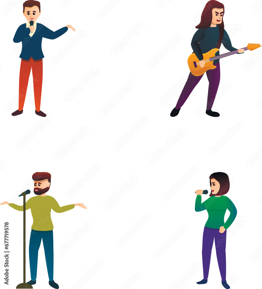 Obraz premium Stage performance icons set cartoon vector. Singer and musician performance. Playing instrument and singing
