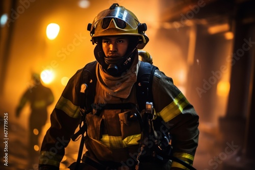 Professional fireman in uniform with helmet standing against blurred glowing lamps during evening