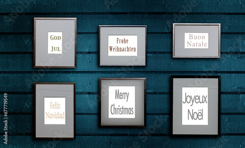 Biderrahmen mit Weihnachtsgrüssen in verschiedenen Sprachen