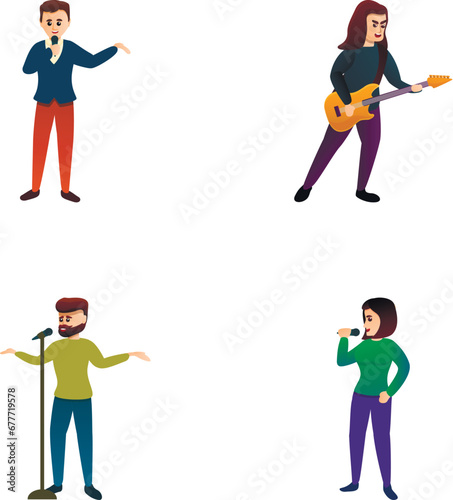 Stage performance icons set cartoon vector. Singer and musician performance. Playing instrument and singing