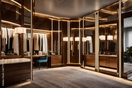 a dressing area with pendant lighting fixtures for a modern and chic touch