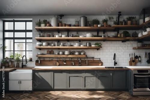 a kitchen with industrial-style floating shelves and brackets