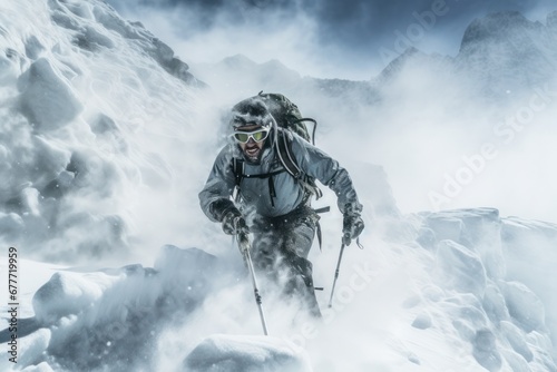 Man hiking on snow covered rocky mountain slope