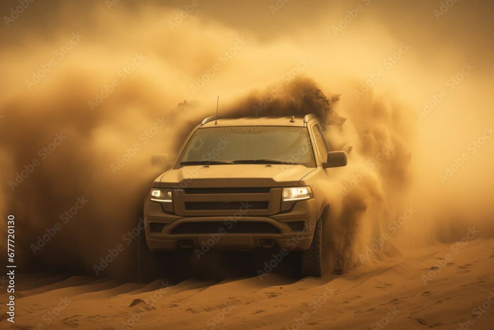 Car with glowing headlights riding on desert terrain in sand storm in daylight - obrazy, fototapety, plakaty 