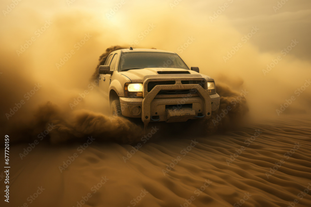 Car with glowing headlights riding on desert terrain in sand storm in daylight Car with glowing headlights riding on desert terrain in sand storm in daylight