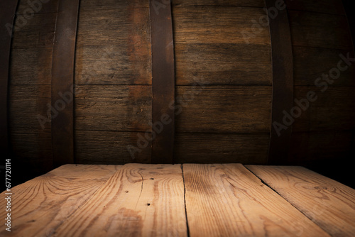 image of wooden table in front of abstract blurred background of resturant lights . High quality photo