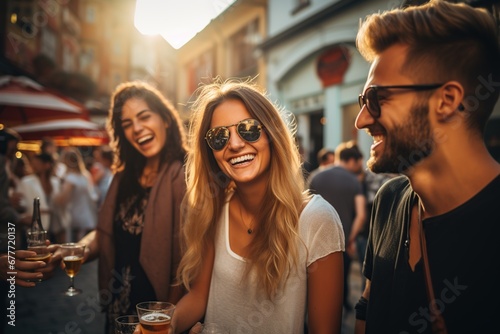 Gente feliz disfrutando de una reunión social celebrando juntos.Grupo de amigos disfrutando de un refresco o una cerveza en el restaurante o pub de la calle.