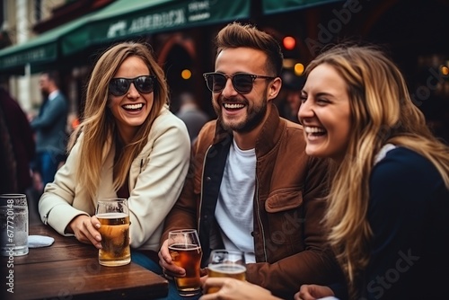 Gente feliz disfrutando de una reunión social celebrando juntos.Grupo de amigos disfrutando de un refresco o una cerveza en el restaurante o pub de la calle. photo