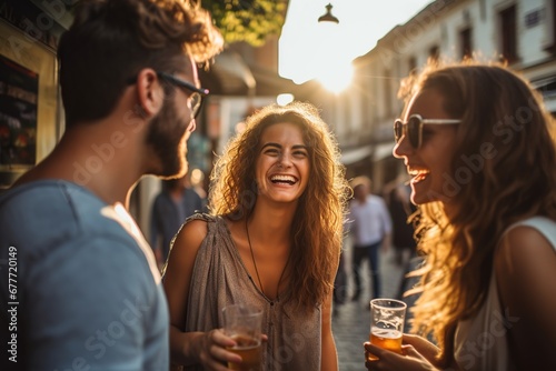 Gente feliz disfrutando de una reunión social celebrando juntos.Grupo de amigos disfrutando de un refresco o una cerveza en el restaurante o pub de la calle.