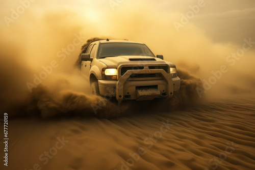 Car with glowing headlights riding on desert terrain in sand storm in daylight