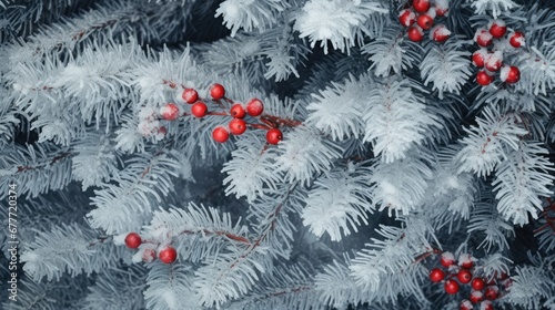  a close up of a pine tree with red berries on it's branches and snow on it's branches, with a dark background of snow - covered branches with red berries. generative ai