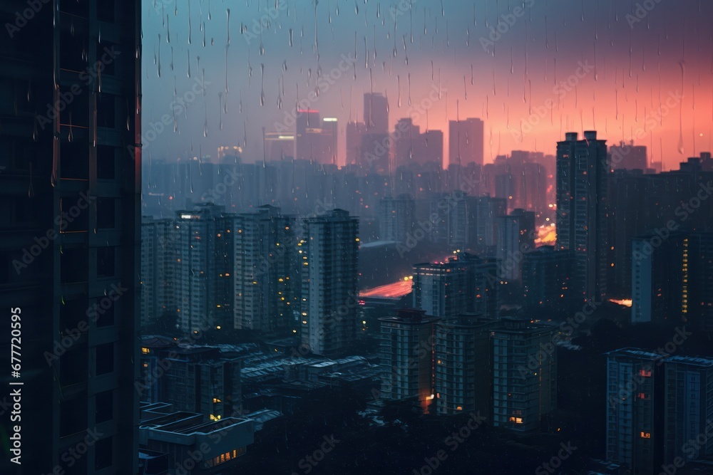 City with skyscrapers under rain at night