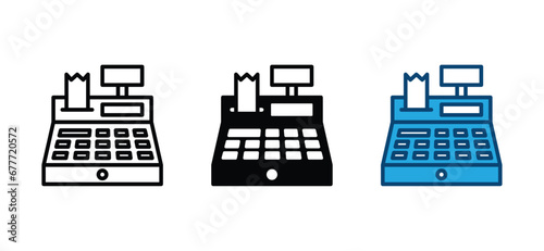 Cash register icon in thin line and flat style. Cashier icon symbol. Vector illustration