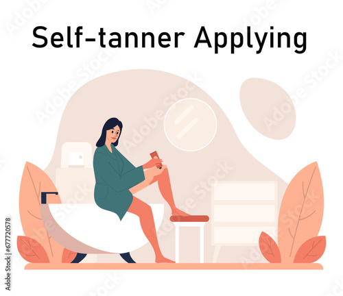 Self-tan. Beautiful woman applying self-tanner bronzing lotion. Artificial tan cream. Sunburn protection and skin care procedure. Flat vector illustration