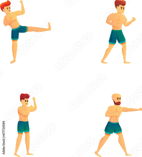 Workout icons set cartoon vector. Men practicing different kinds of martial art. Sport, healthy lifestyle