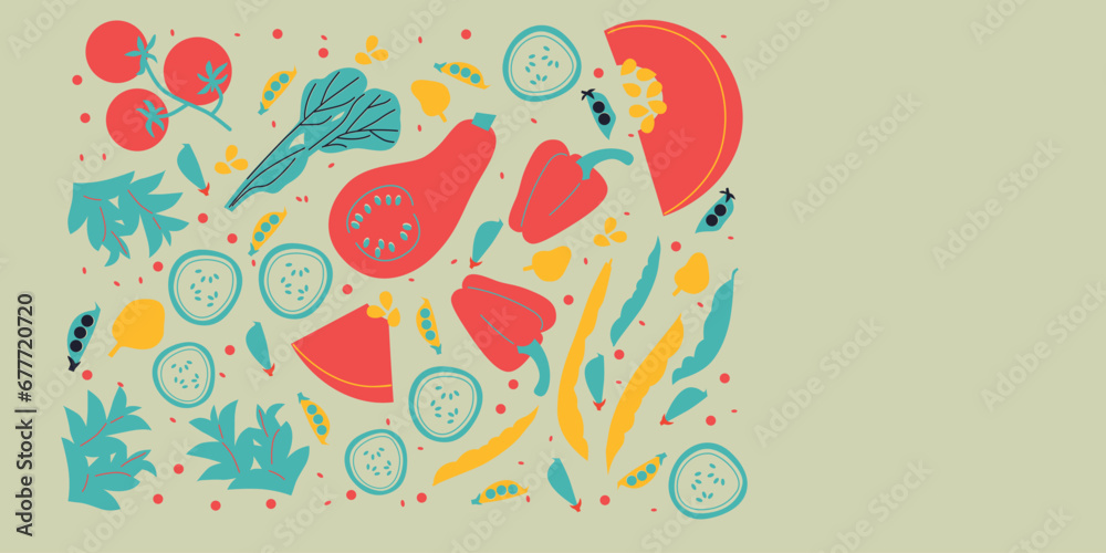  Cute appetizing Vegetables collection. Decorative abstract horizontal banner with colorful doodles. Hand-drawn modern illustrations with Vegetables, abstract elements.	