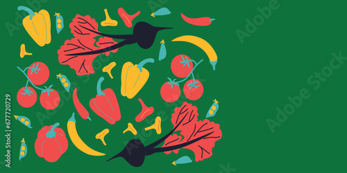 Cute appetizing Fruits and berries collection. Decorative abstract horizontal banner with colorful doodles. Hand-drawn modern illustrations with Fruits and berries, abstract elements.	