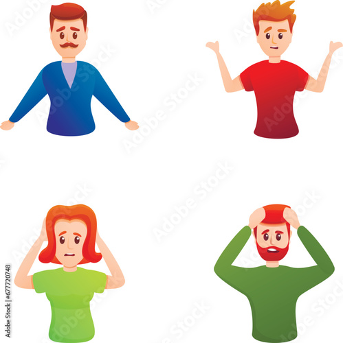 Confusion emotion icons set cartoon vector. People with emotion of confusion. Body language concept