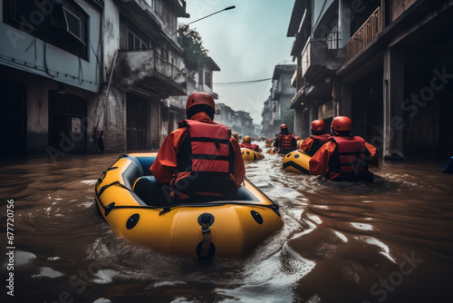 Professional safety workers riding on inflated boats while on rescue mission in flooded town © olga_demina