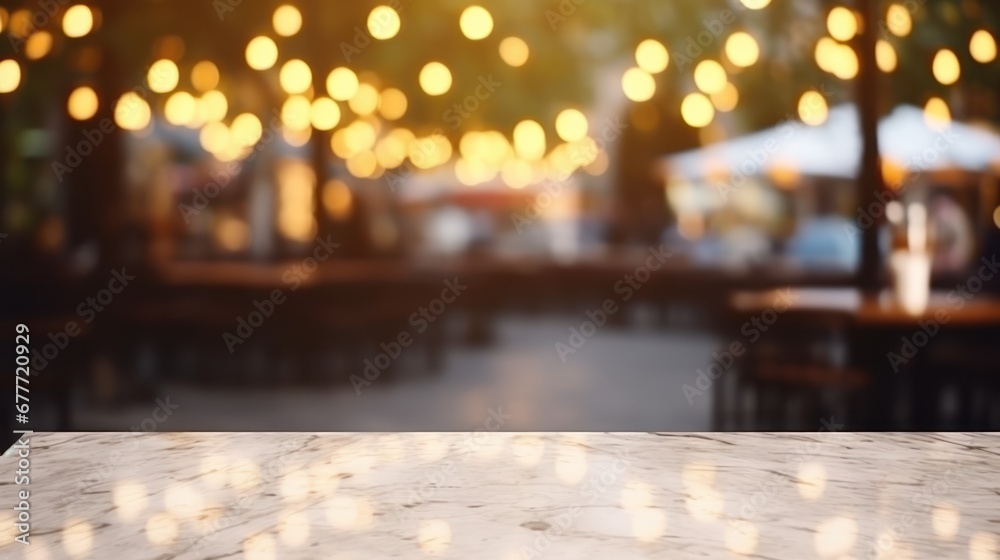 empty table marble blur background of street cafe with bokeh light, Advertisement, Print media, Illustration, Banner, for website, copy space, for word, template, presentation empty table marble blur background of street cafe with bokeh light, Advertisement, Print media, Illustration, Banner, for website, copy space, for word, template, presentation