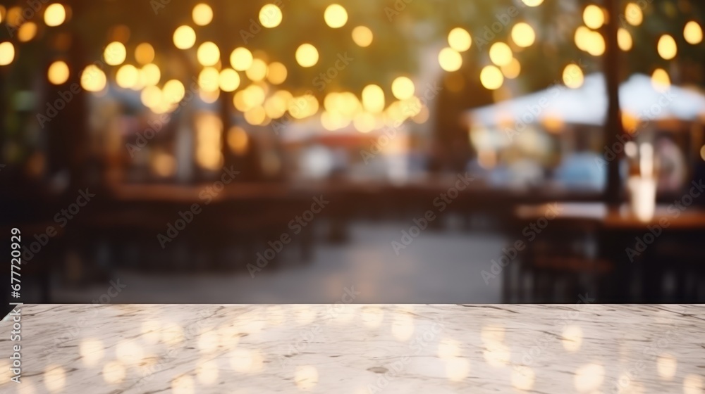 empty table marble blur background of street cafe with bokeh light, Advertisement, Print media, Illustration, Banner, for website, copy space, for word, template, presentation