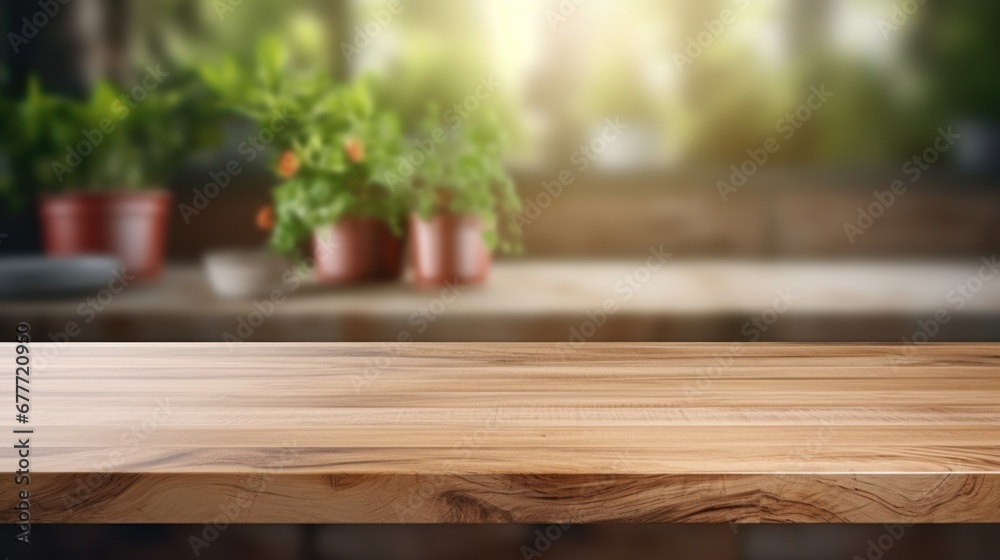 Wooden table on blurred kitchen bench background, Advertisement, Print media, Illustration, Banner, for website, copy space, for word, template, presentation Wooden table on blurred kitchen bench background, Advertisement, Print media, Illustration, Banner, for website, copy space, for word, template, presentation