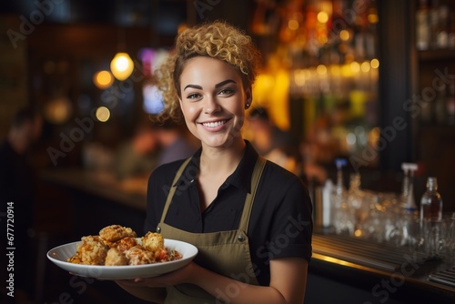 Dedicated Waitress Serving Food in a Bustling Bar