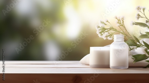 white Wooden table on blurred spa bench background  Advertisement  Print media  Illustration  Banner  for website  copy space  for word  template  presentation