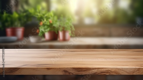 Wooden table on blurred kitchen bench background, Advertisement, Print media, Illustration, Banner, for website, copy space, for word, template, presentation