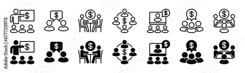 Financial meeting icon set. Icon symbol of teamwork, conference and financial business presentation. For apps and websites. Vector illustration