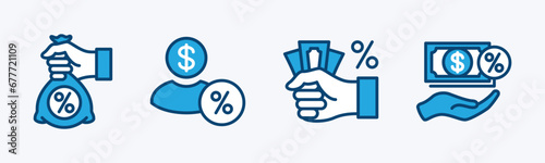 Creditor icon set. Loan provider business, lender, interest money loan, and money lending services icon symbol. Hand with money bag and percent sign. Vector illustration