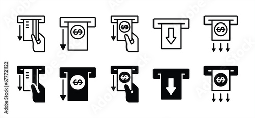 Cash withdrawal icon set. Withdraw money icon. Attract income, earning money, withdraw credit card from ATM slot. Vector illustration