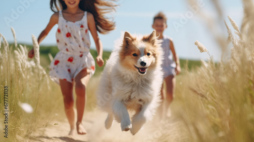 Fototapeta Naklejka Na Ścianę i Meble -  Little girl and boy chase the dog at the street, girl and boy playing with dog, racing of the dog. Outdor village background, summer fun.