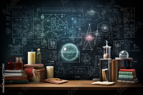 Black chalkboard inscribed with scientific formulas
