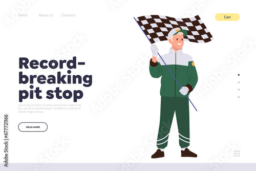 Record-breaking pit stop landing page template with mechanic worker holding checkered flag