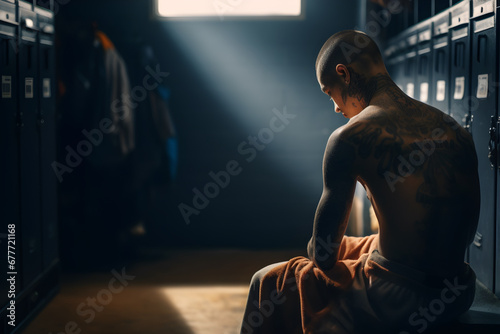 A tattooed boxer sitting in a locker room.