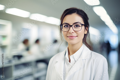 A Beautiful young female scientist wearing white coat and glasses in a modern Medical Science Laboratory 